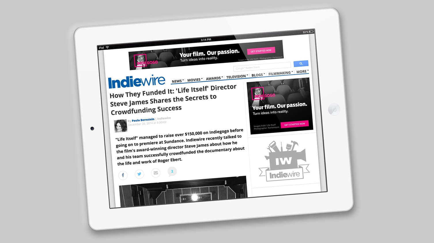Photo of iPad showing advertising on the Indiewire website